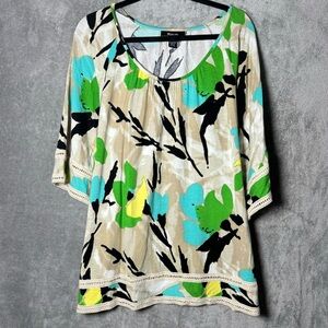 Style & Co XL Shirt Top Brown Floral Flower Half Sleeve Scoop Neck Stretch Knit